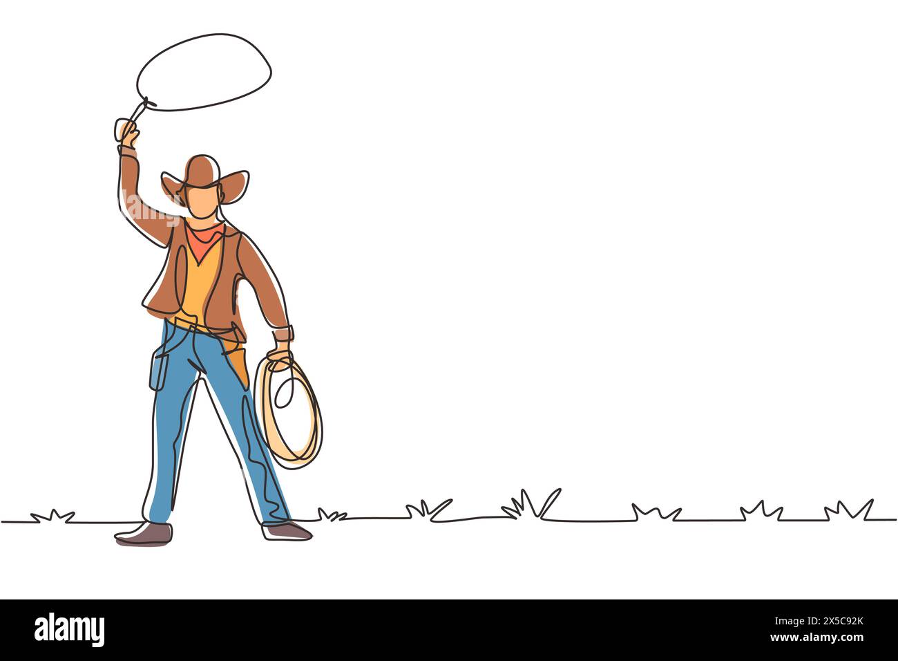 Single continuous line drawing western cowboy standing and throwing lasso and wild west elements. Man with cowboy hat and lasso at desert. Dynamic one Stock Vector