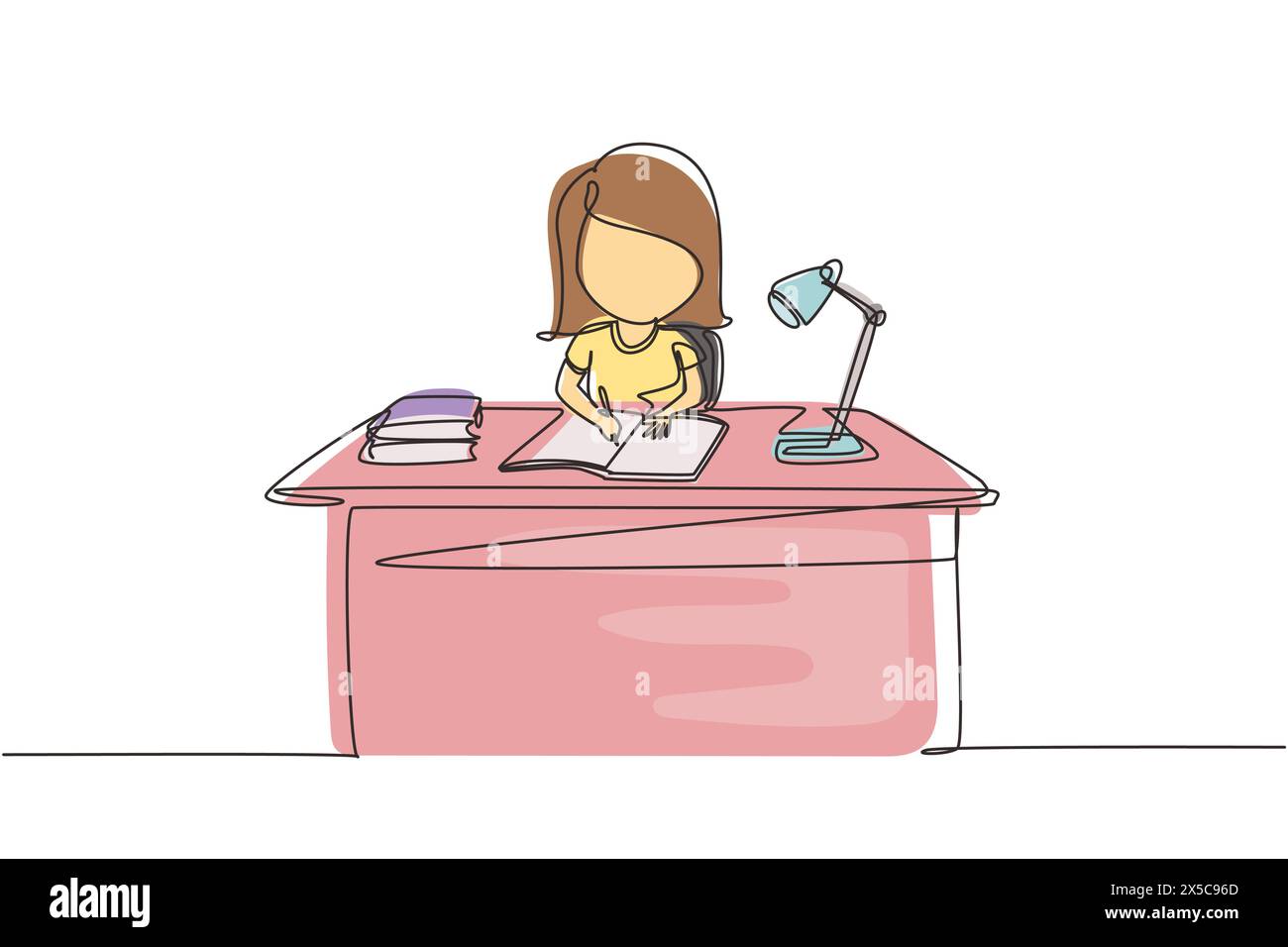 Continuous one line drawing girl studying on table with study lamp and pile of books. Kid makes homework from school. Intelligent student concept. Sin Stock Vector