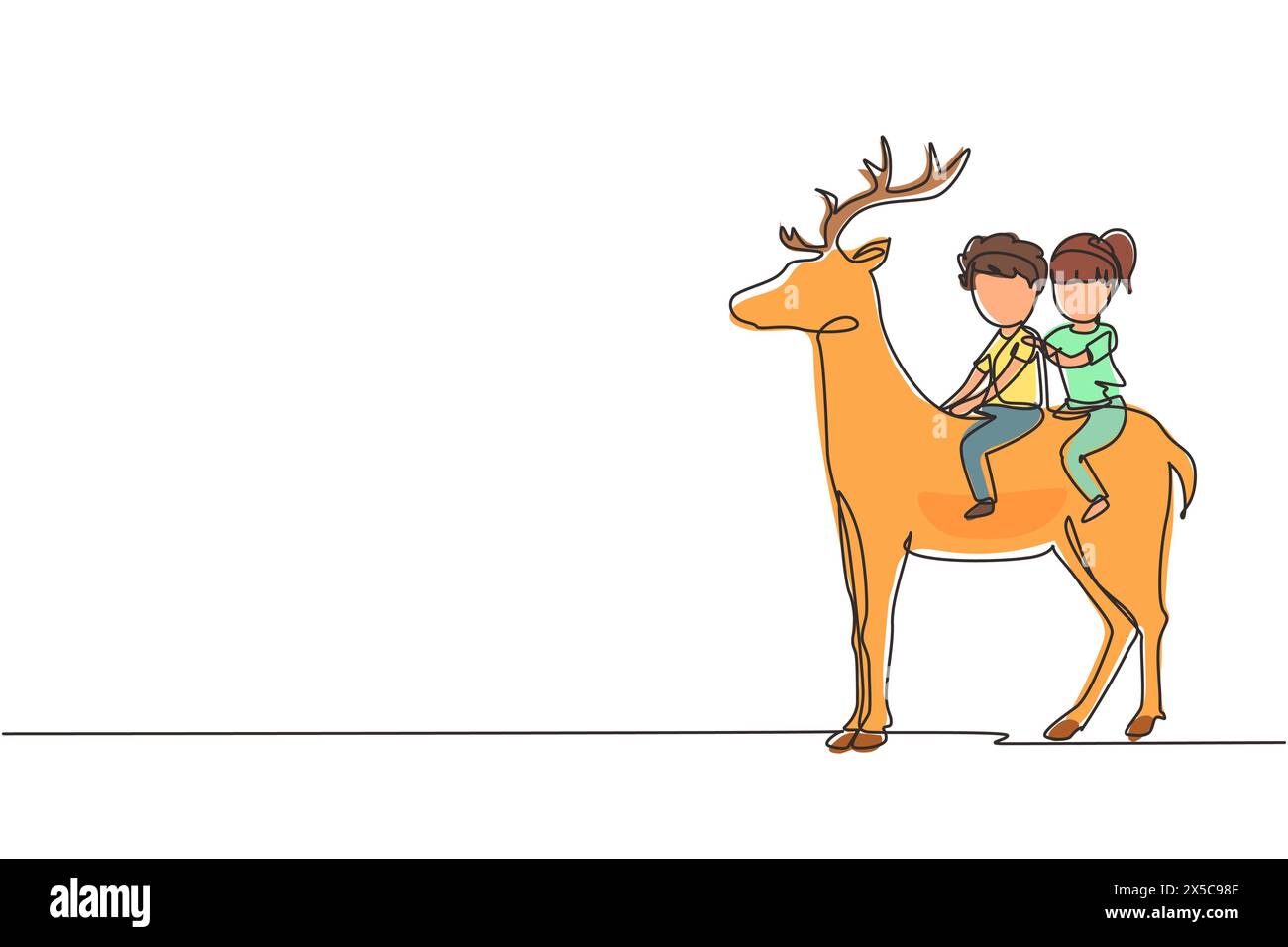 Continuous one line drawing happy boy and girl riding deer together ...