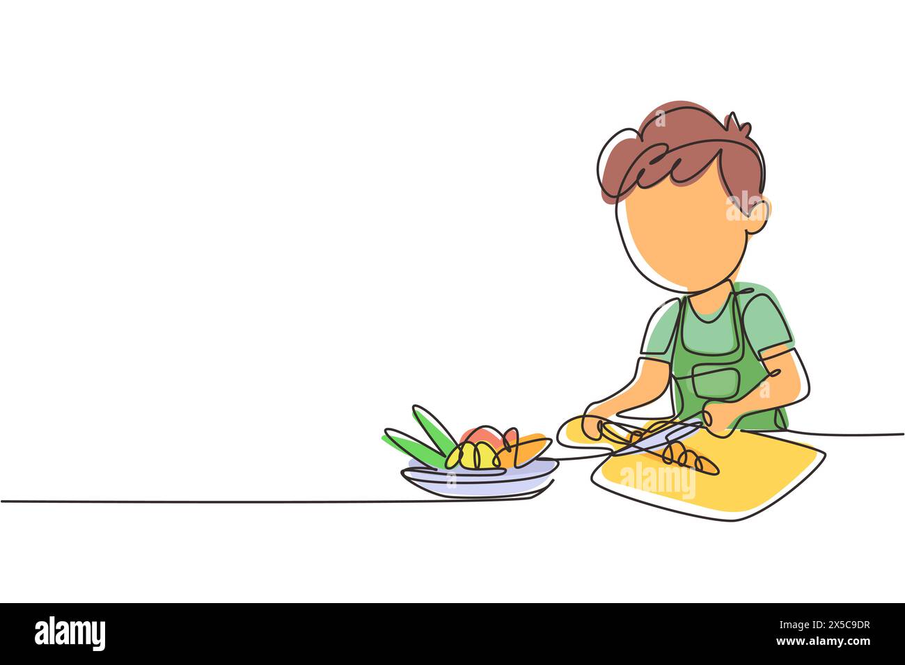 Single one line drawing little girl is cutting carrot and other fresh vegetables. Smiling child is enjoying cooking at home to help mother. Continuous Stock Vector