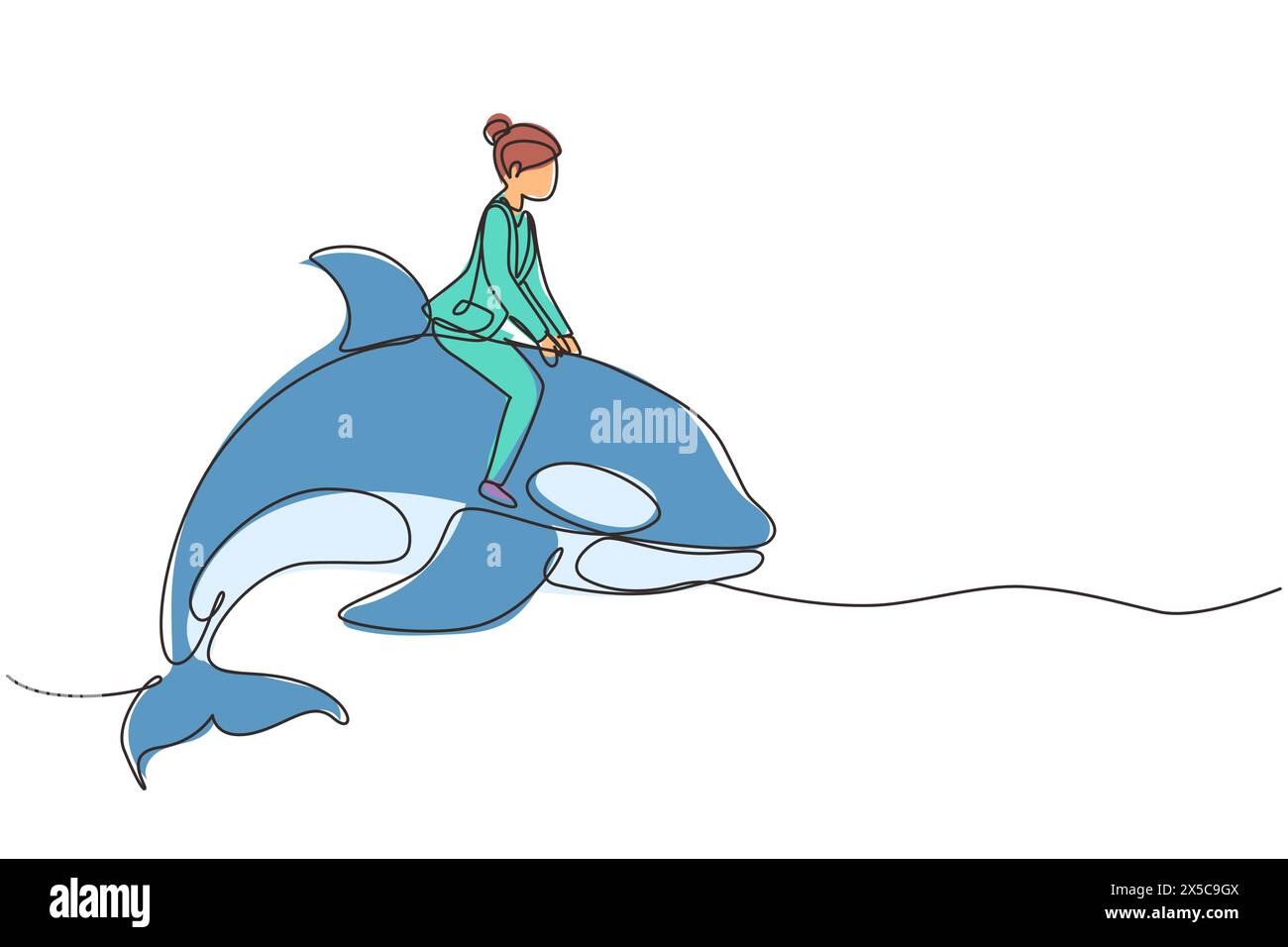 Continuous one line drawing brave businesswoman riding huge dangerous orca. Professional entrepreneur female character. Successful business woman. Sin Stock Vector