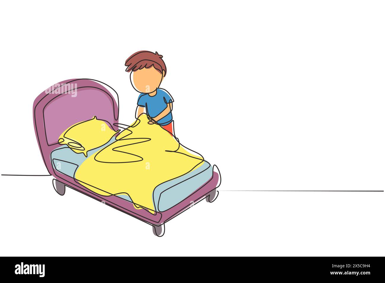 Single continuous line drawing little boy making the bed. Kids doing housework chores at home concept. Kids routine after waking up to tidy up the bed Stock Vector