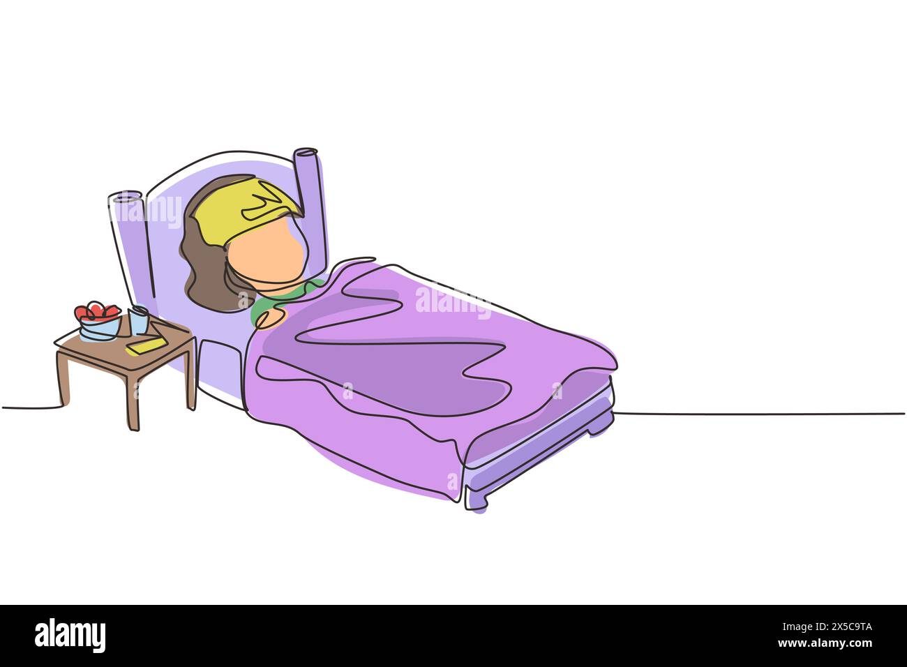Single continuous line drawing sick girl with high fever. Child is sick with flu or coronavirus. Kid lying in bed feel so bad with fever. Healthcare s Stock Vector