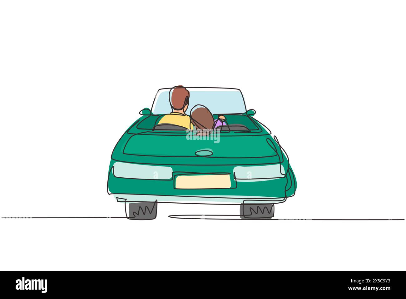 Continuous one line drawing back view loving couple sitting and hugging in convertible car. Man woman getting ready for wedding. Engagement and love r Stock Vector