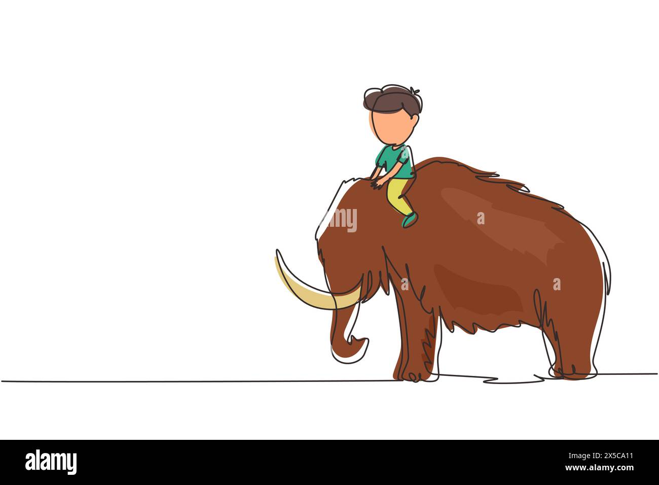 Continuous one line drawing little boy caveman riding woolly mammoth. Young kid sitting on back of mammoth. Stone age children. Ancient human life. Si Stock Vector