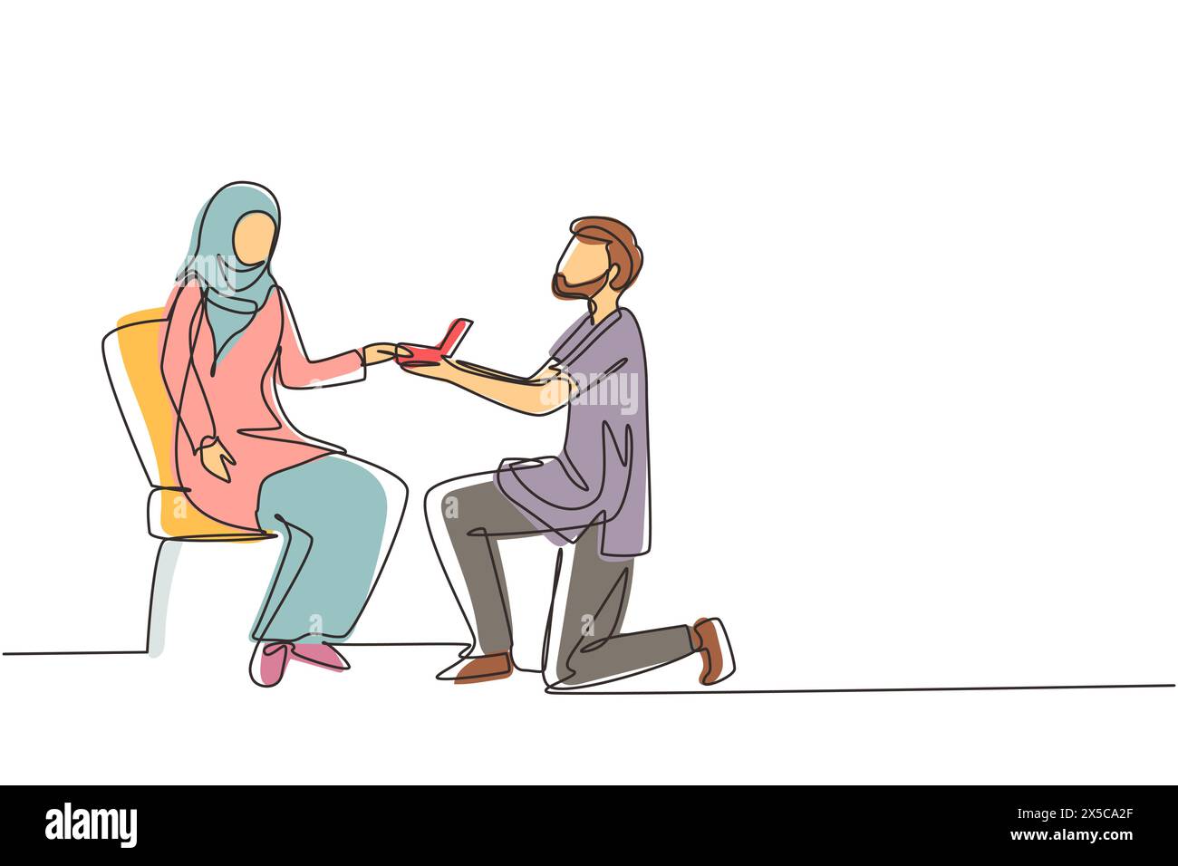 Continuous one line drawing Arab man makes marriage proposal woman and ...