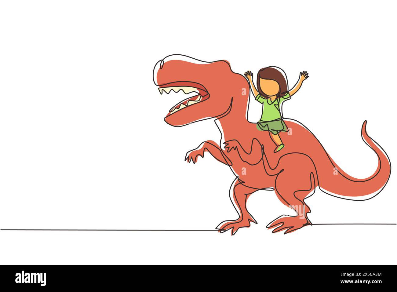 Single continuous line drawing girl caveman riding t-rex tyrannosaurus ...