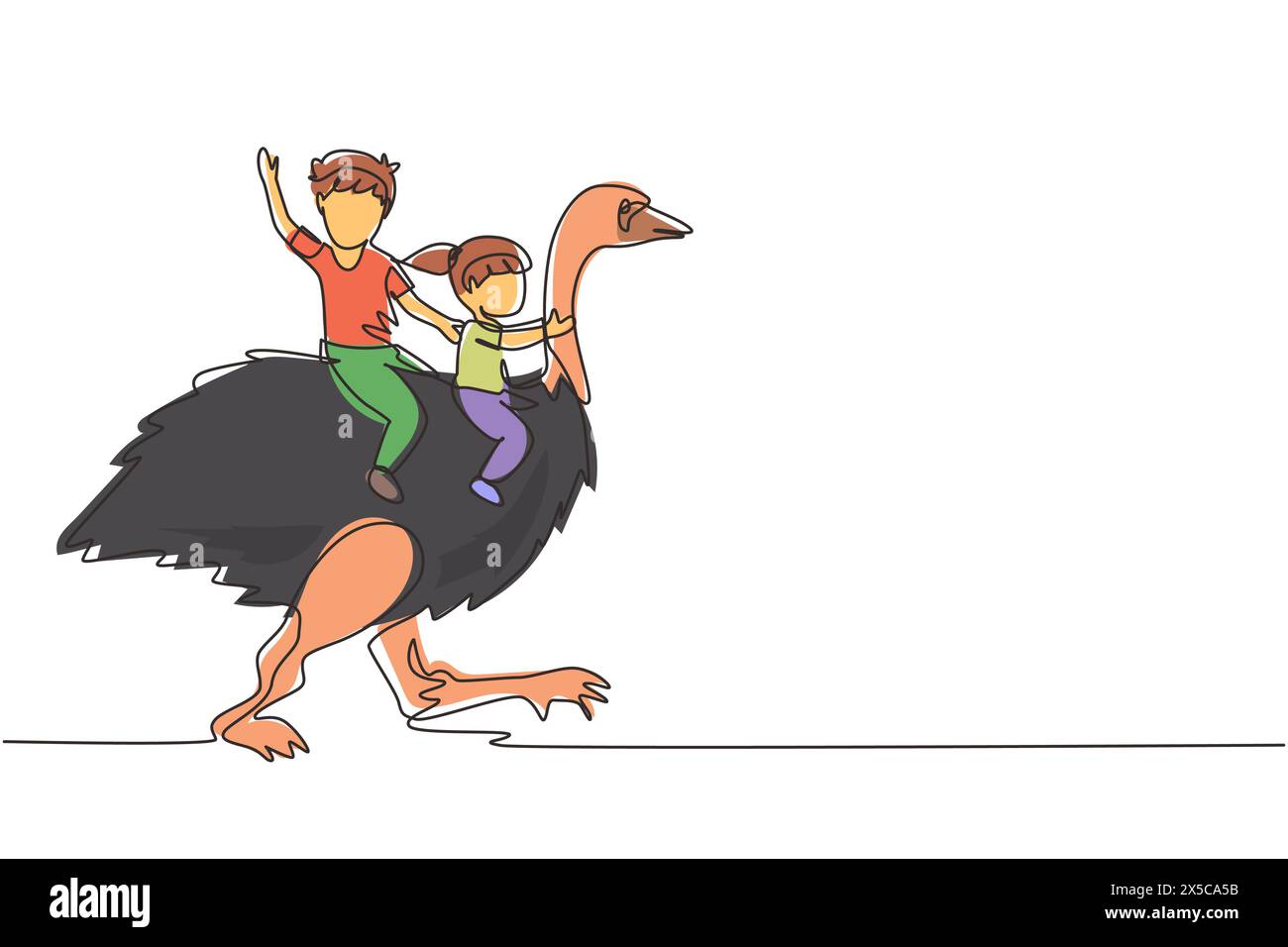 Continuous one line drawing happy little boy and girl riding cute ostrich together. Children sitting on back ostrich with holding its neck. Kid learni Stock Vector