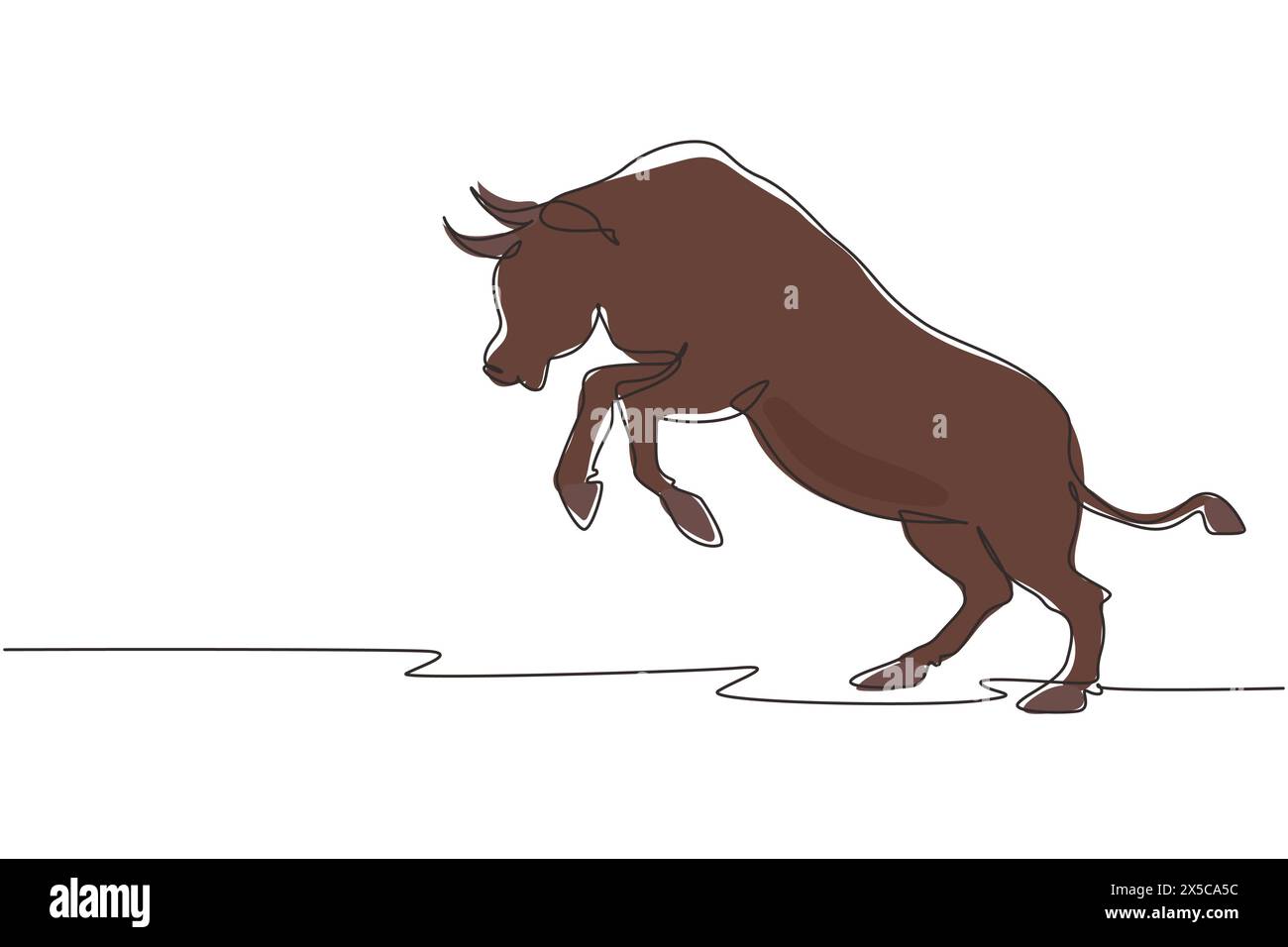 Single one line drawing Aggression wild bull attack. The bull is full of energy. Big buffalo stands up before run. Angry bull at rodeo arena. Continuo Stock Vector