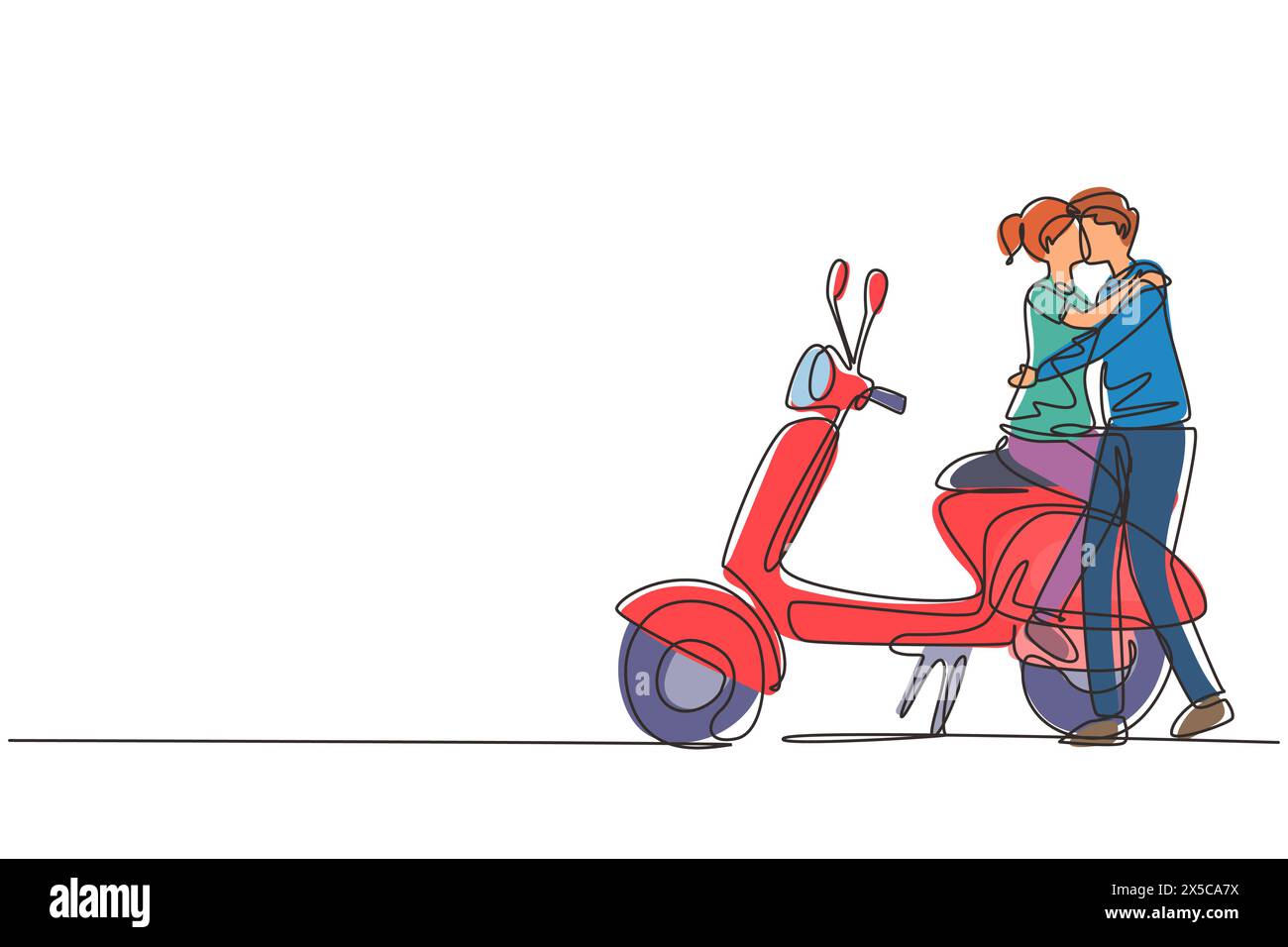 Single continuous line drawing scooter, travel, couple, adventure, ride ...