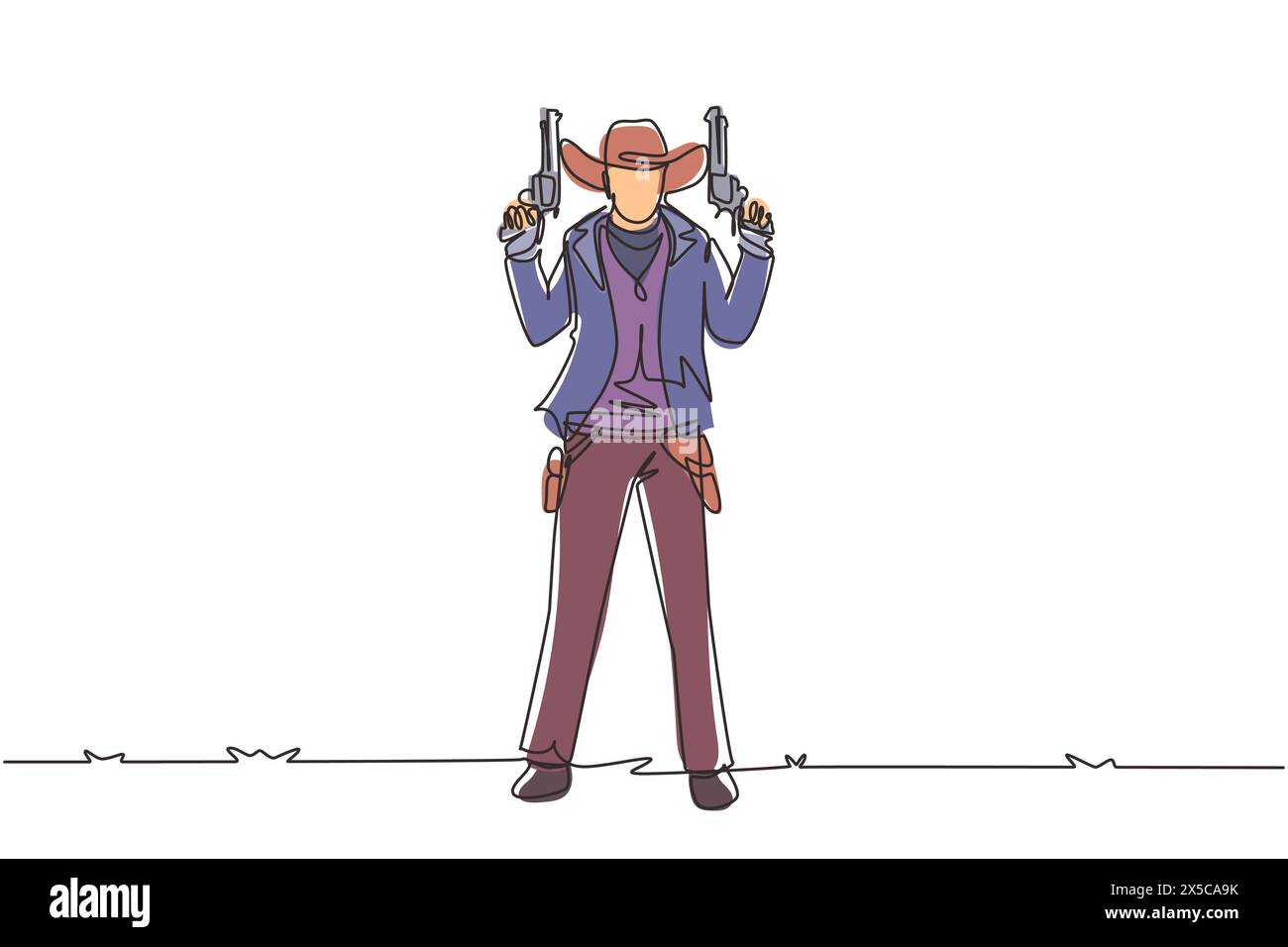 Single continuous line drawing American cowboys holding and raised his two guns up. Old wild west gunslinger holding two guns. Weapons for self-defens Stock Vector