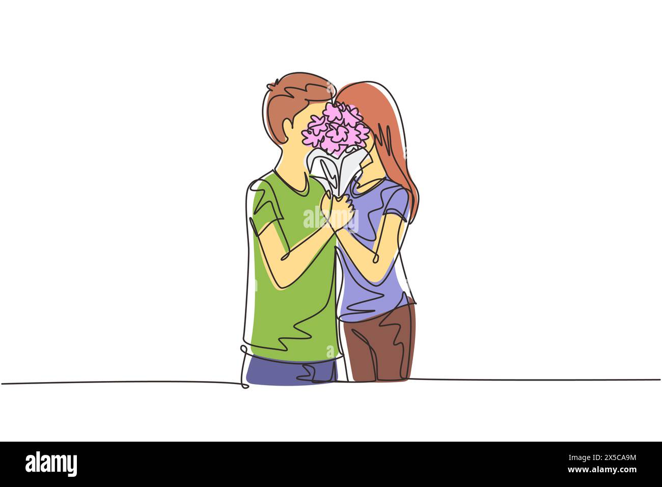 Single one line drawing young couple hugging and kissing behind bouquet ...