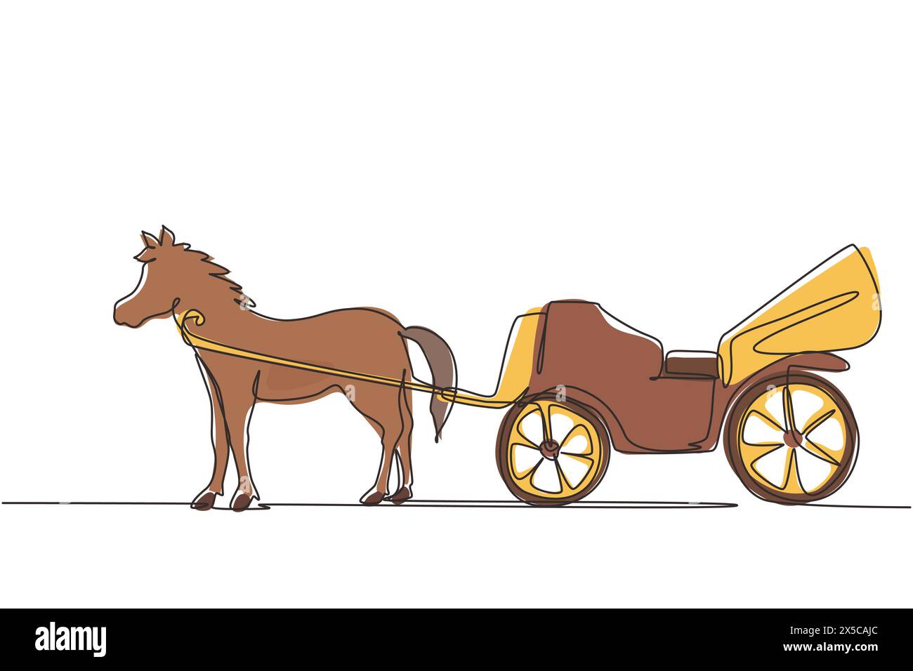 Single continuous line drawing vintage transportation, horse pulling carriage. Stock Vector