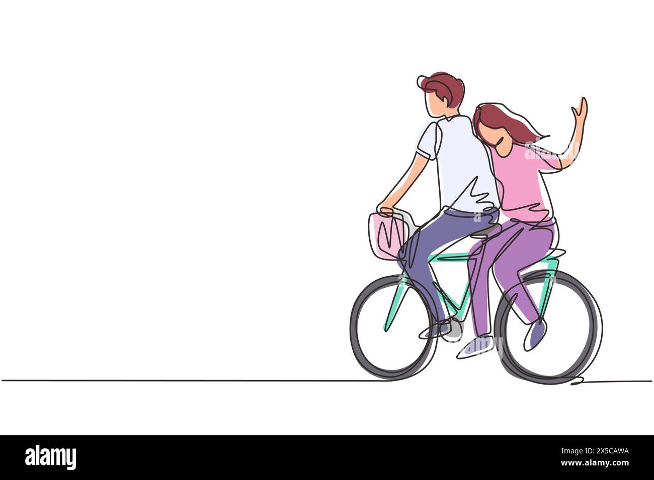 Continuous one line drawing romantic couple having fun on date riding bicycle. Back view of
