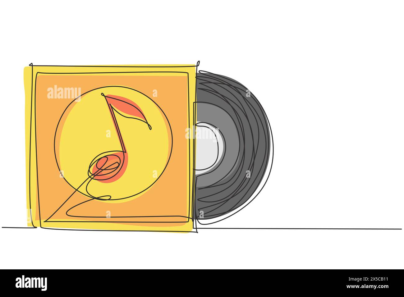 Continuous one line drawing Realistic vinyl record with cover mockup. Typography with headphones and sound wave. Music collection. Front view. Single Stock Vector