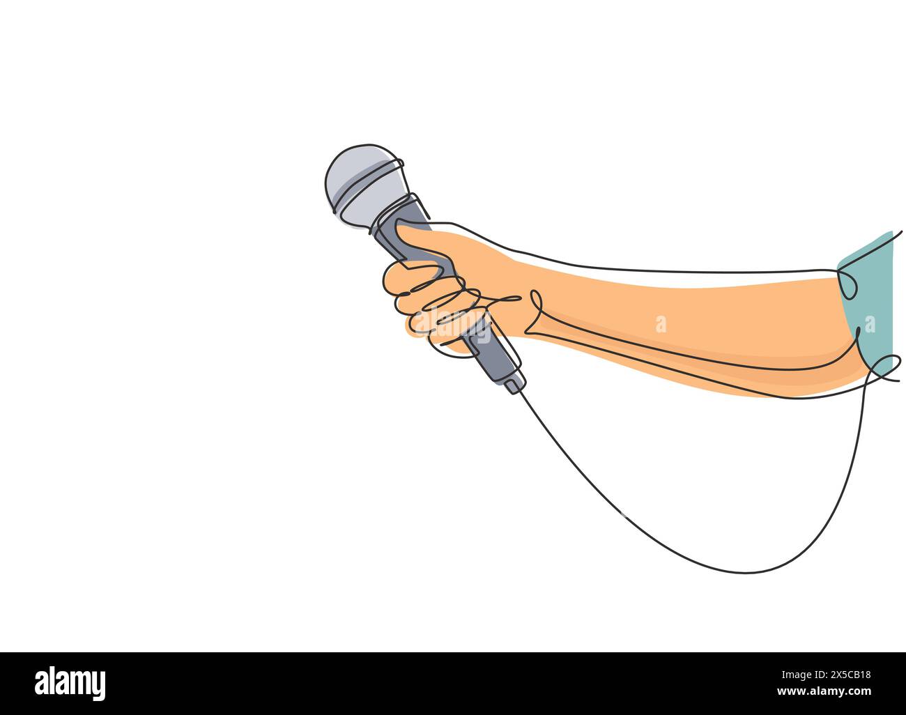 Single continuous line drawing female hand with microphone, on white background. Reporter television tv news holding microphone in her hand. Dynamic o Stock Vector