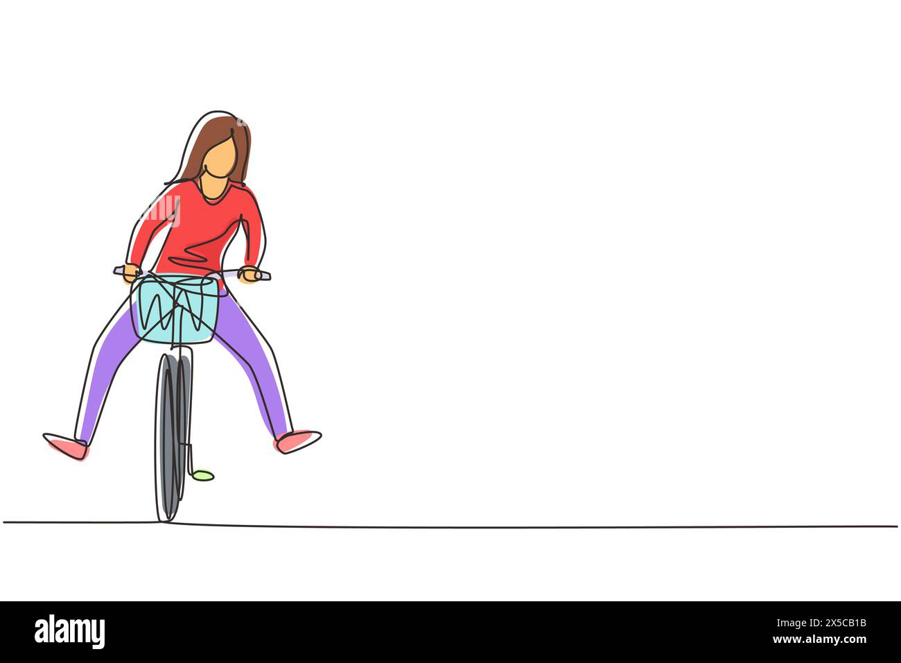 Single one line drawing happy young woman in casual clothes riding bicycle. Healthy and sport lifestyle. Ecological vehicle of transportation. Continu Stock Vector