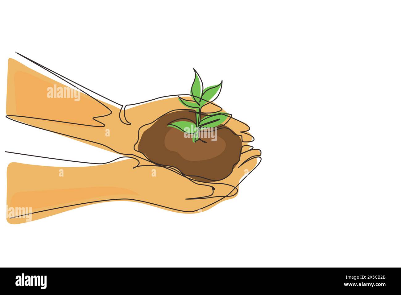 Single continuous line drawing hand holding sprout wilde pine tree in nature green forest. Earth Day save environment concept. Growing seedling forest Stock Vector