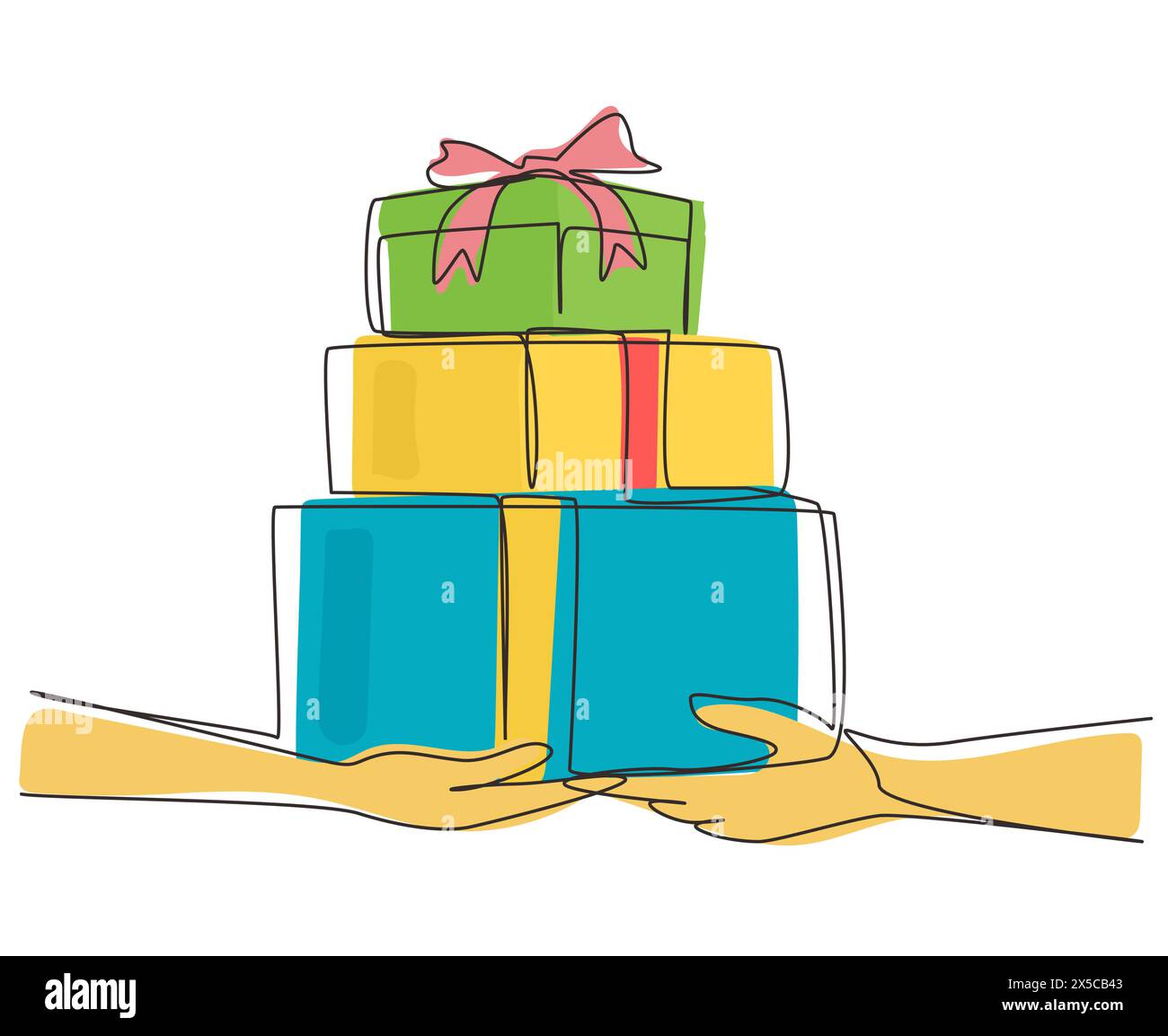 Continuous one line drawing people hands give pile of gift boxes. Couple holding packaged present together. Birthday presents cardboard box with ribbo Stock Vector
