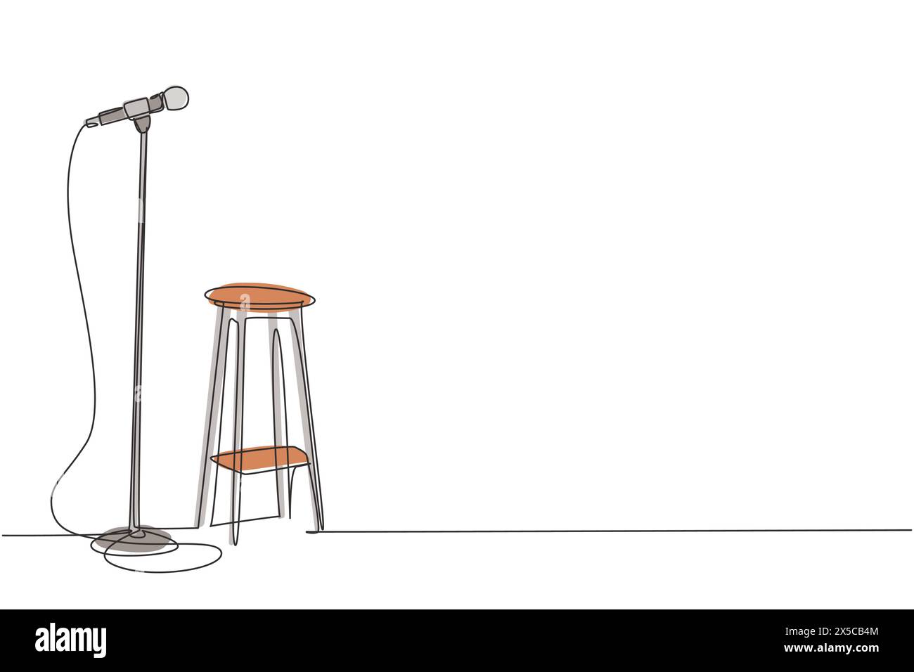 Single continuous line drawing microphone and stool on stand up comedy stage. Equipment at night club or bar for stand up comedian performance. Dynami Stock Vector