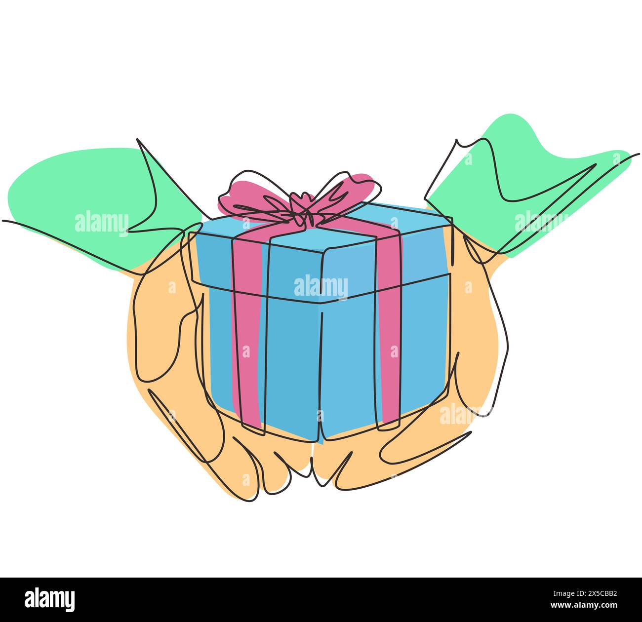 Single one line drawing woman holding small present box in hands. Romantic surprise for friends. Birthday presents cardboard box with ribbon. Continuo Stock Vector