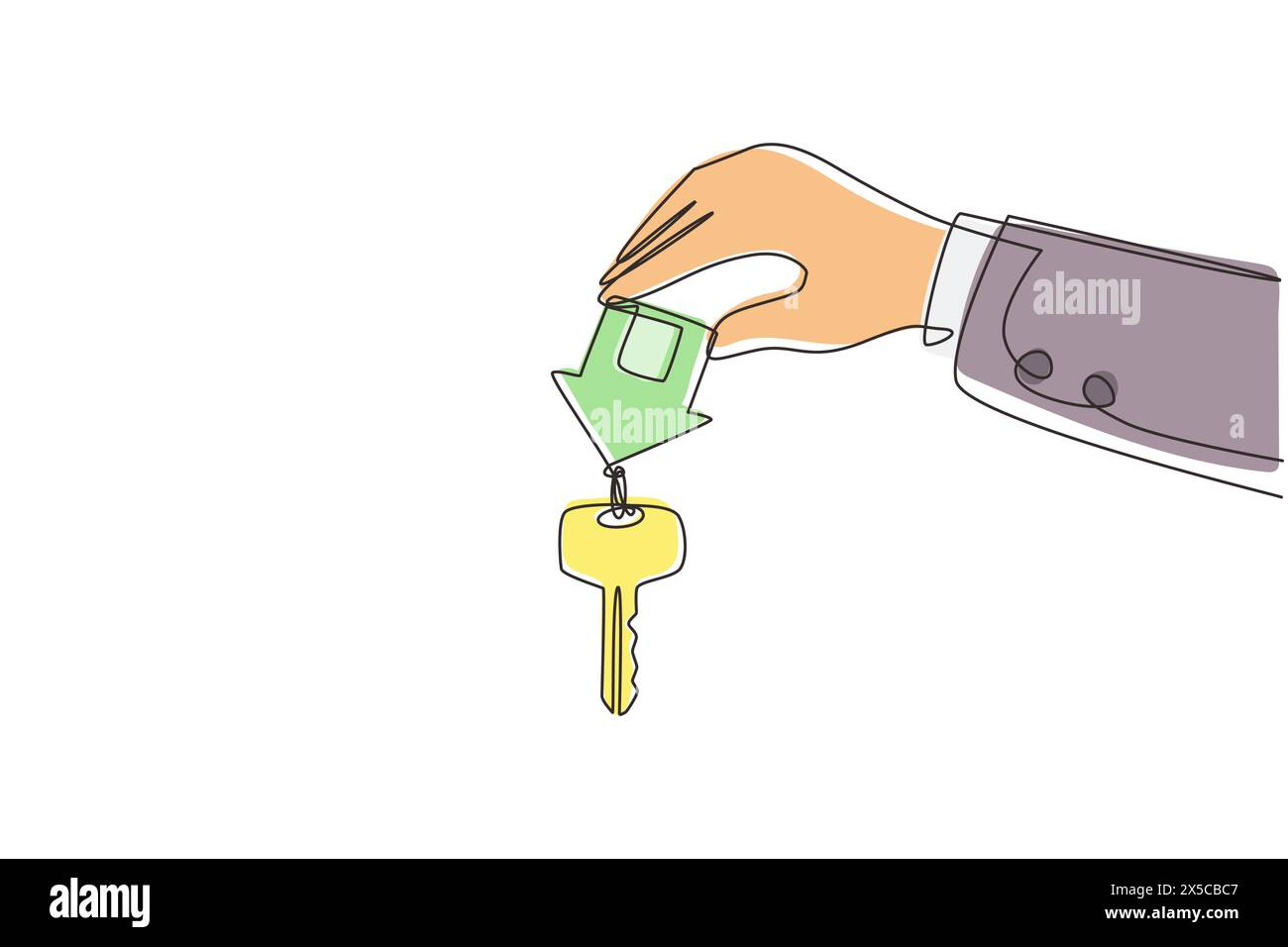 Single continuous line drawing for rent house, concept. Real estate agent holds the key from the home. Template for sale, rent home, mortgage. Dynamic Stock Vector