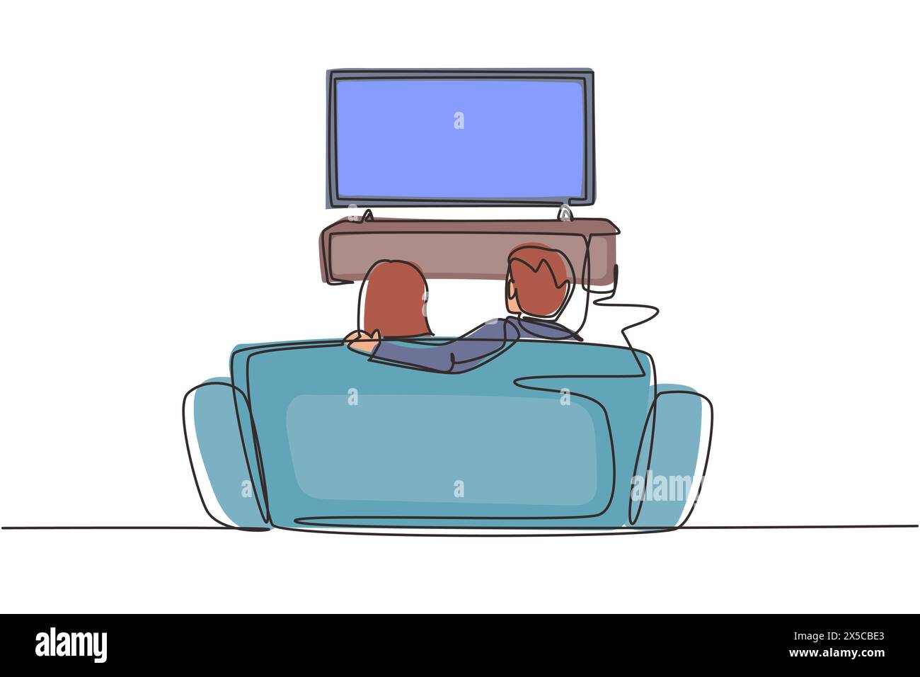 Single one line drawing family sitting on sofa and watch tv in living room at evening. Lounge room interior with rear view of couple on couch. Continu Stock Vector