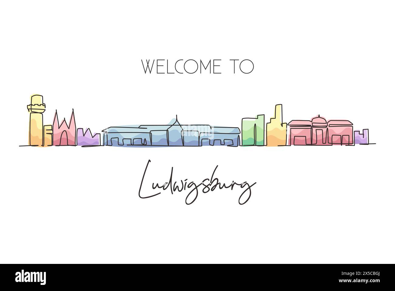 Single continuous line drawing Ludwigsburg city skyline, Germany. World historical town landscape. Best holiday destination postcard. Editable stroke Stock Vector