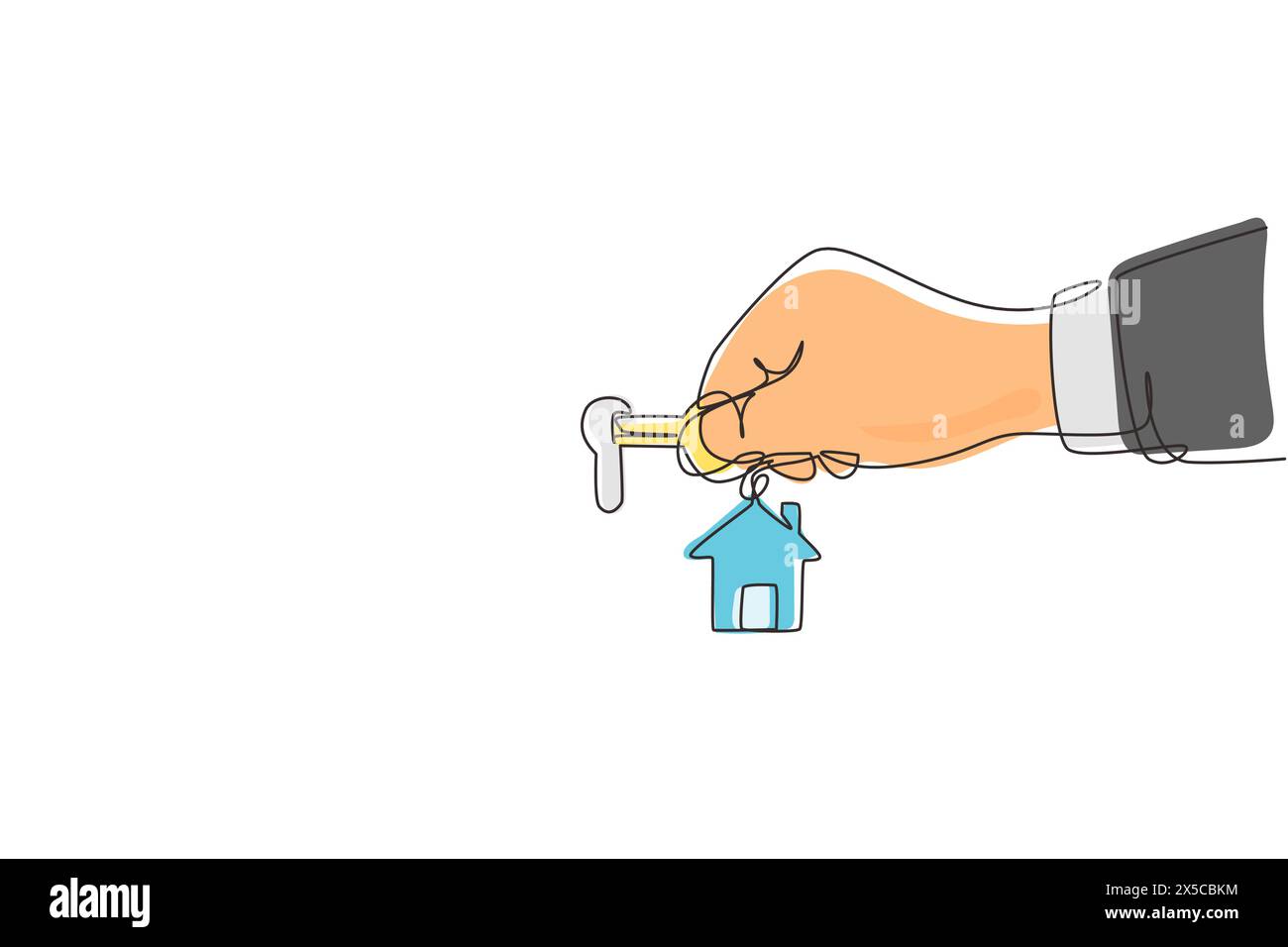 Single one line drawing landlord unlocks the house key for new home. Real estate. Female hand holding key from house isolated on white. Buying house. Stock Vector