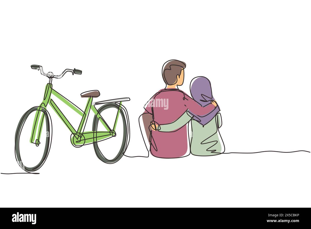 Single one line drawing back view of romantic teenage couple sitting outdoors with bicycle next to them. Arabian man and woman in love. Happy married Stock Vector