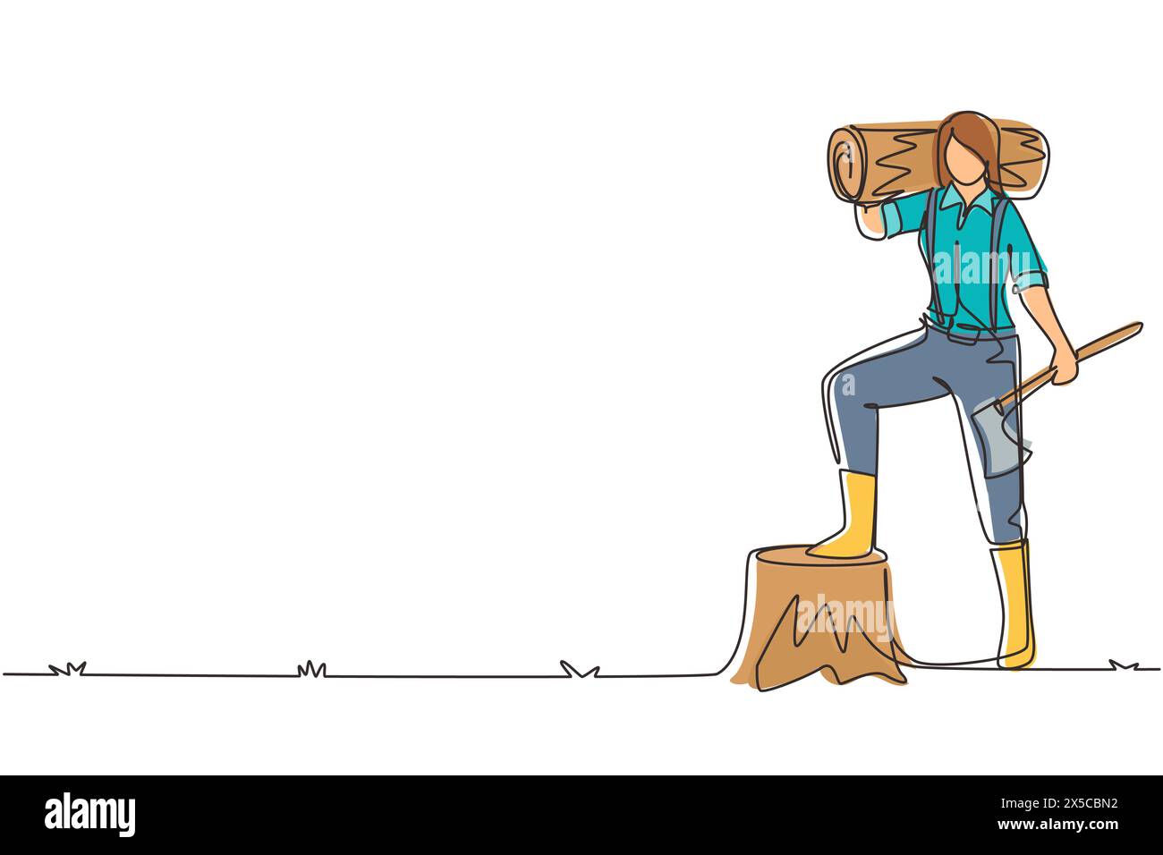 Continuous one line drawing woman lumberjack or woodcutter holding timber and axe. Wooden materials manufacturing, standing with axe, posing with one Stock Vector