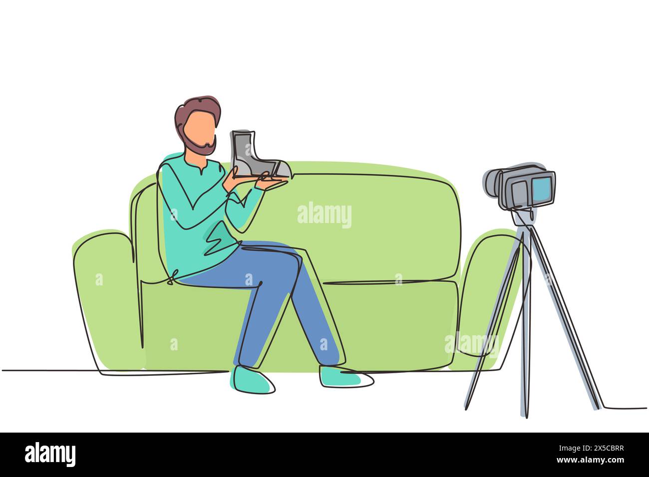 Single continuous line drawing social media influencer reviewing boots. Smiling young Arab man vlogging about men's sports shoe and filming himself at Stock Vector
