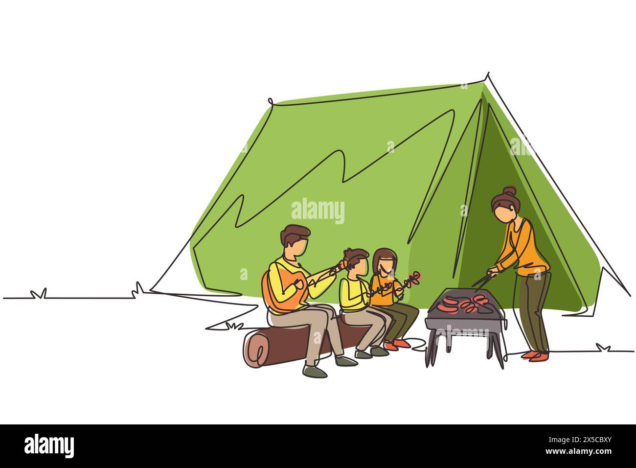 Single continuous line drawing happy family member are having barbecue in campsite. Father playing guitar, mother and kids preparing food for dinner a Stock Vector