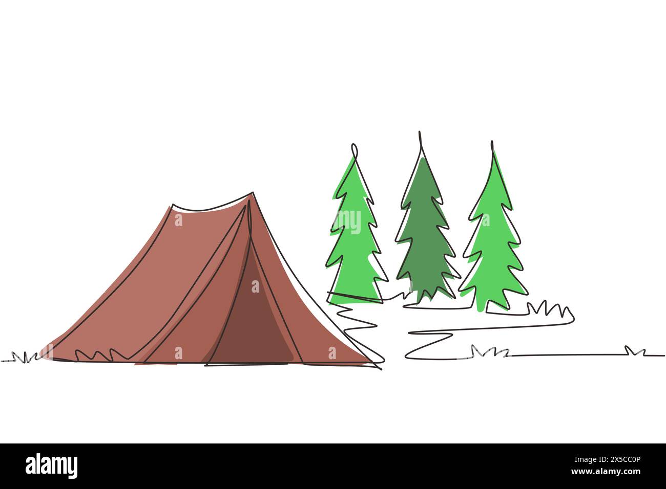 Single one line drawing tourist tent in pine forest, mountains on cloudy sky. Summer camping. Natural outdoor activities. Tent and fire camp. Continuo Stock Vector