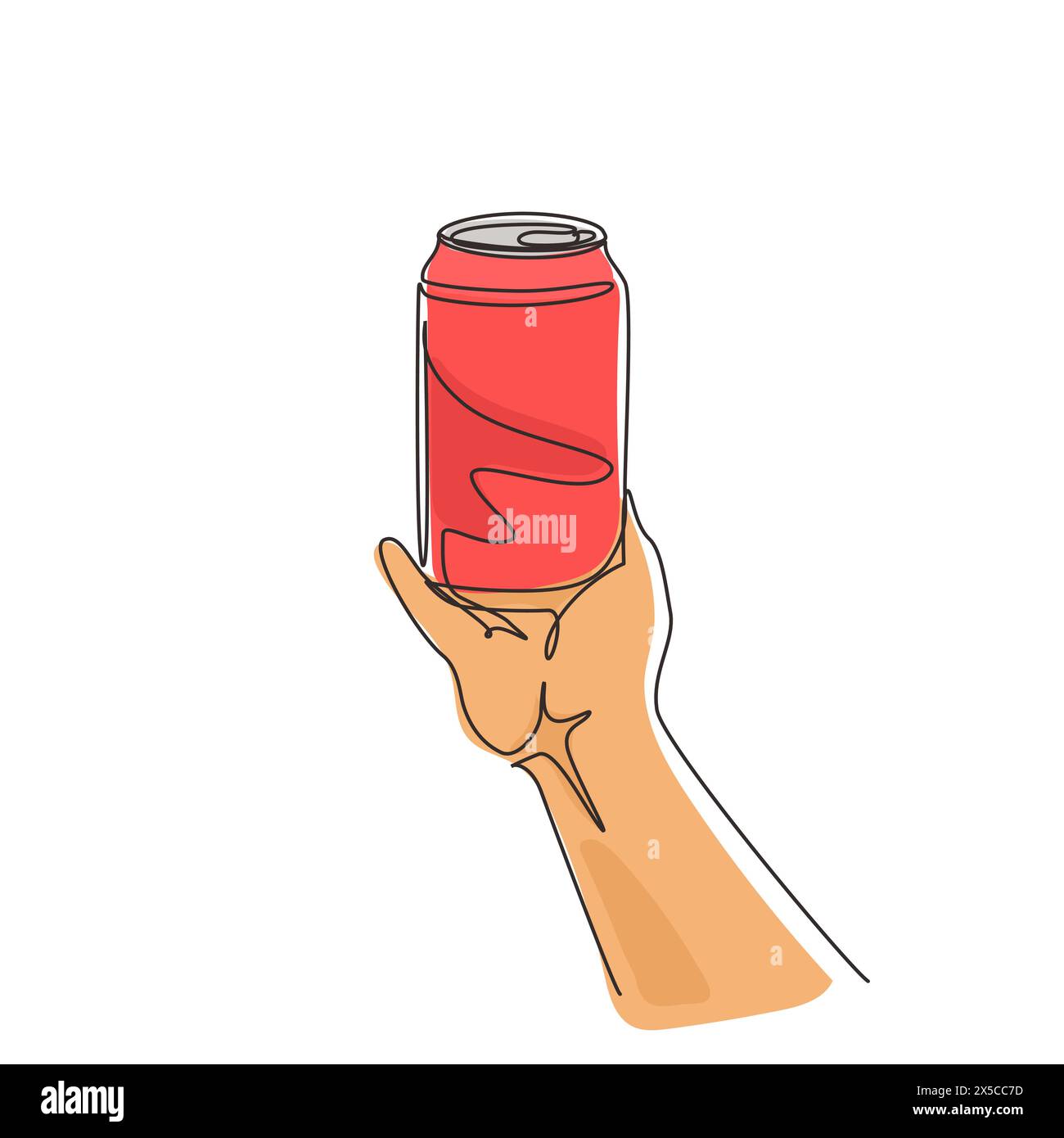 Single continuous line drawing hand holds a wet aluminum can. Realistic soda cans without labels on white background. Mock up template concept. Dynami Stock Vector
