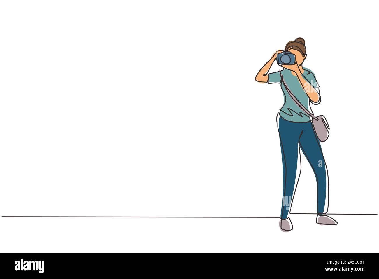 Continuous one line drawing woman with camera and sling bag taking