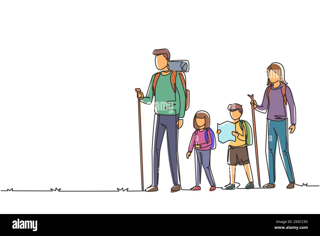 Single continuous line drawing family goes camping. Young parents and their children, boy and girl hiking, with backpacks, maps, mats, compass. Family Stock Vector