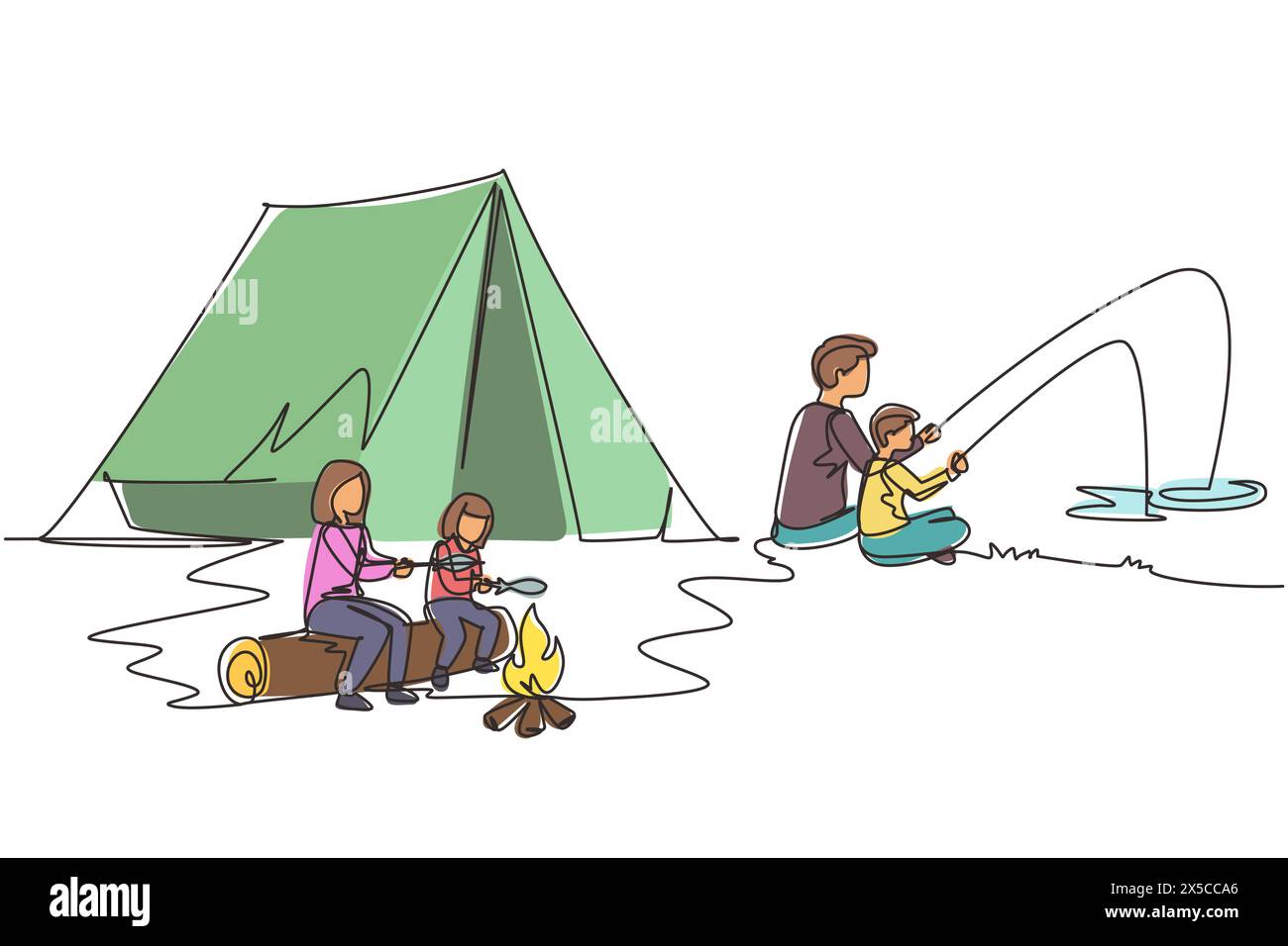 Single one line drawing happy family camping. Mother roasting fish with daughter. Father catching fish with son. Summer camper travel vacation concept Stock Vector