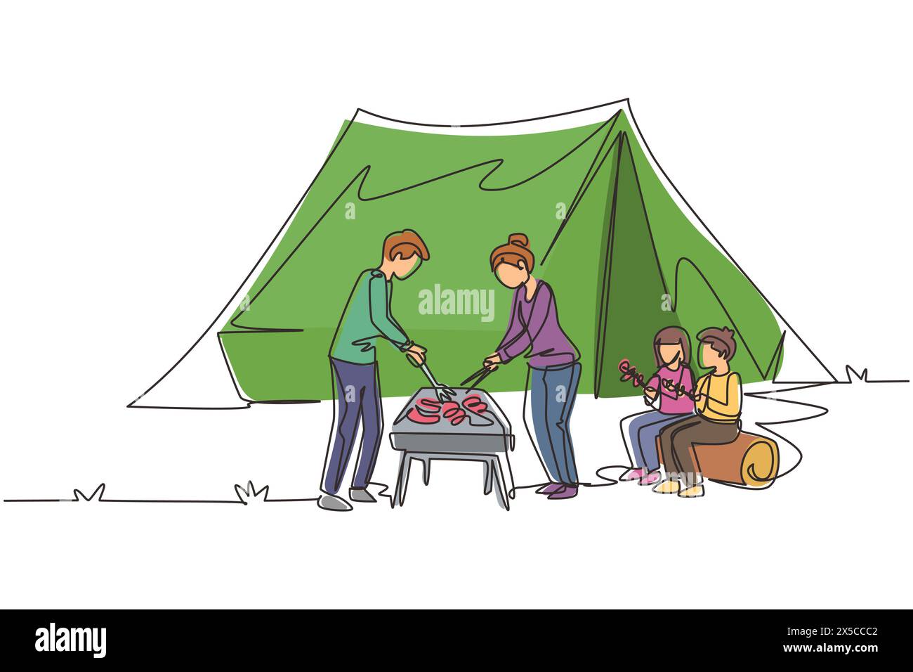 Continuous one line drawing happy four family members are having barbecue in the mountain. Father, mother and children hiking, travel and camping at n Stock Vector