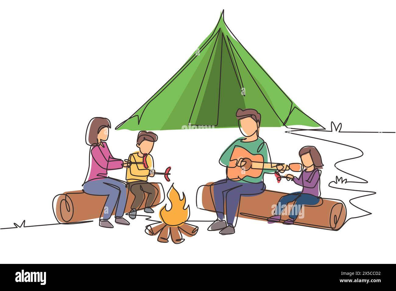 Single continuous line drawing hiker family sit by campfire. Tourists, campers. Dad playing guitar, mom and kids fry sausage. Night camping entertainm Stock Vector