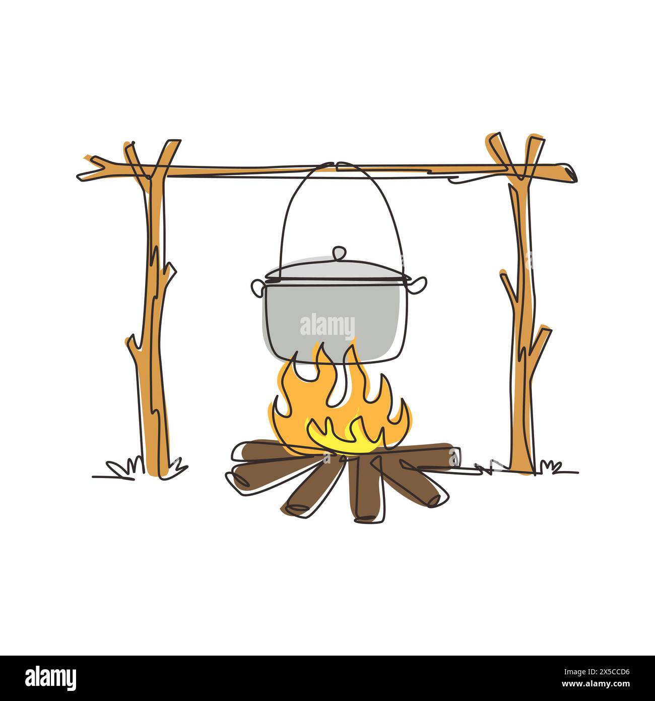 Continuous one line drawing camping pot over bonfire, delicious fish soup cooking. Outdoor nature picnic with bonfire dinner or hiking cook symbol. Si Stock Vector