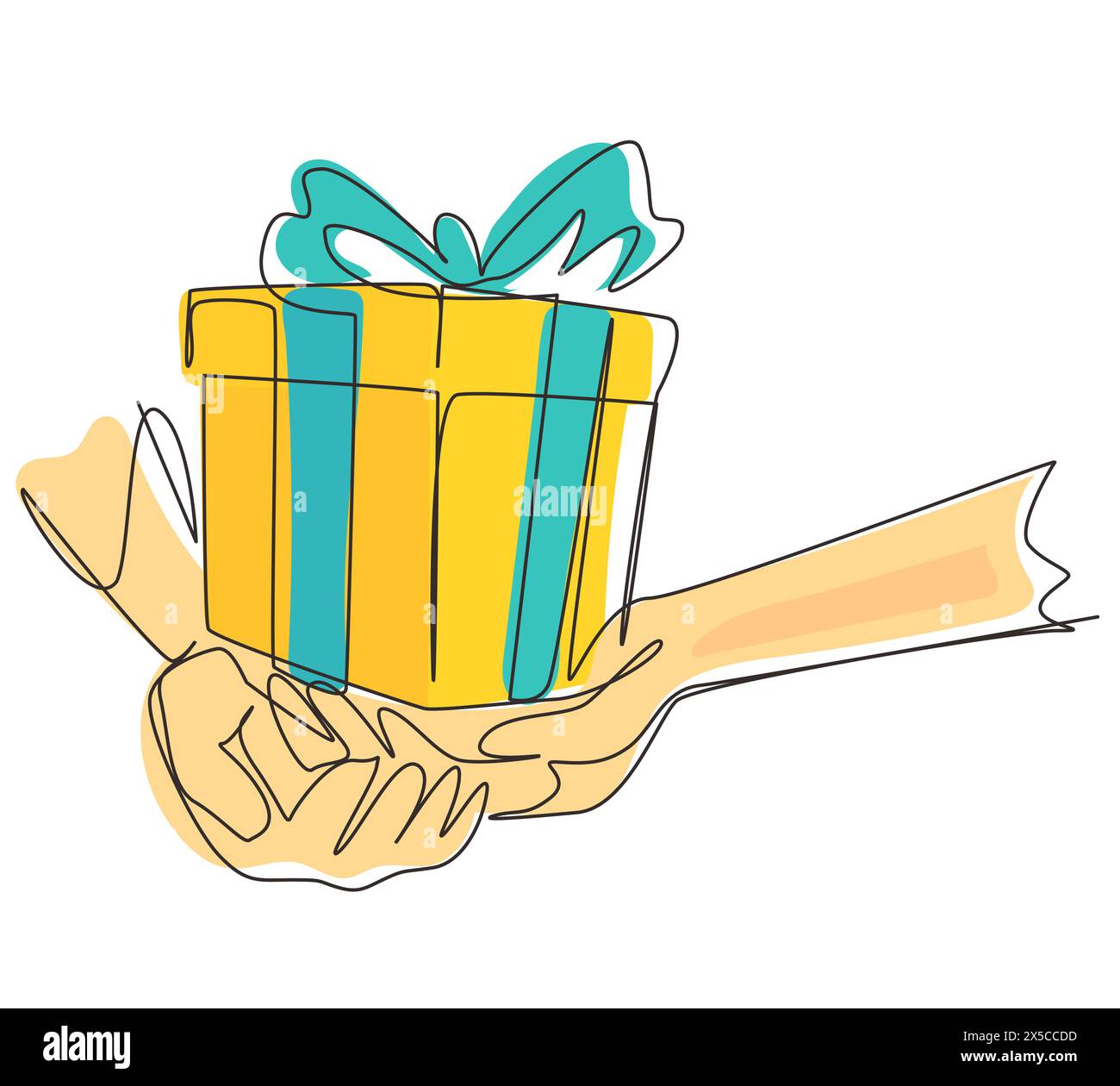 Continuous one line drawing female hands holding beautiful small gift wrapped with ribbon. Romantic surprise. Birthday presents cardboard box with rib Stock Vector