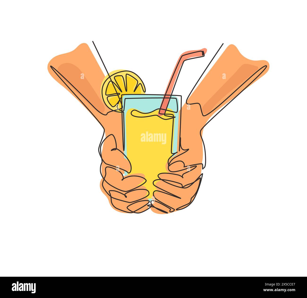 Single continuous line drawing cold lemonade with ice in male hand against the summer outdoor cafe. Fresh detox vegetable orange juice. Healthy lifest Stock Vector