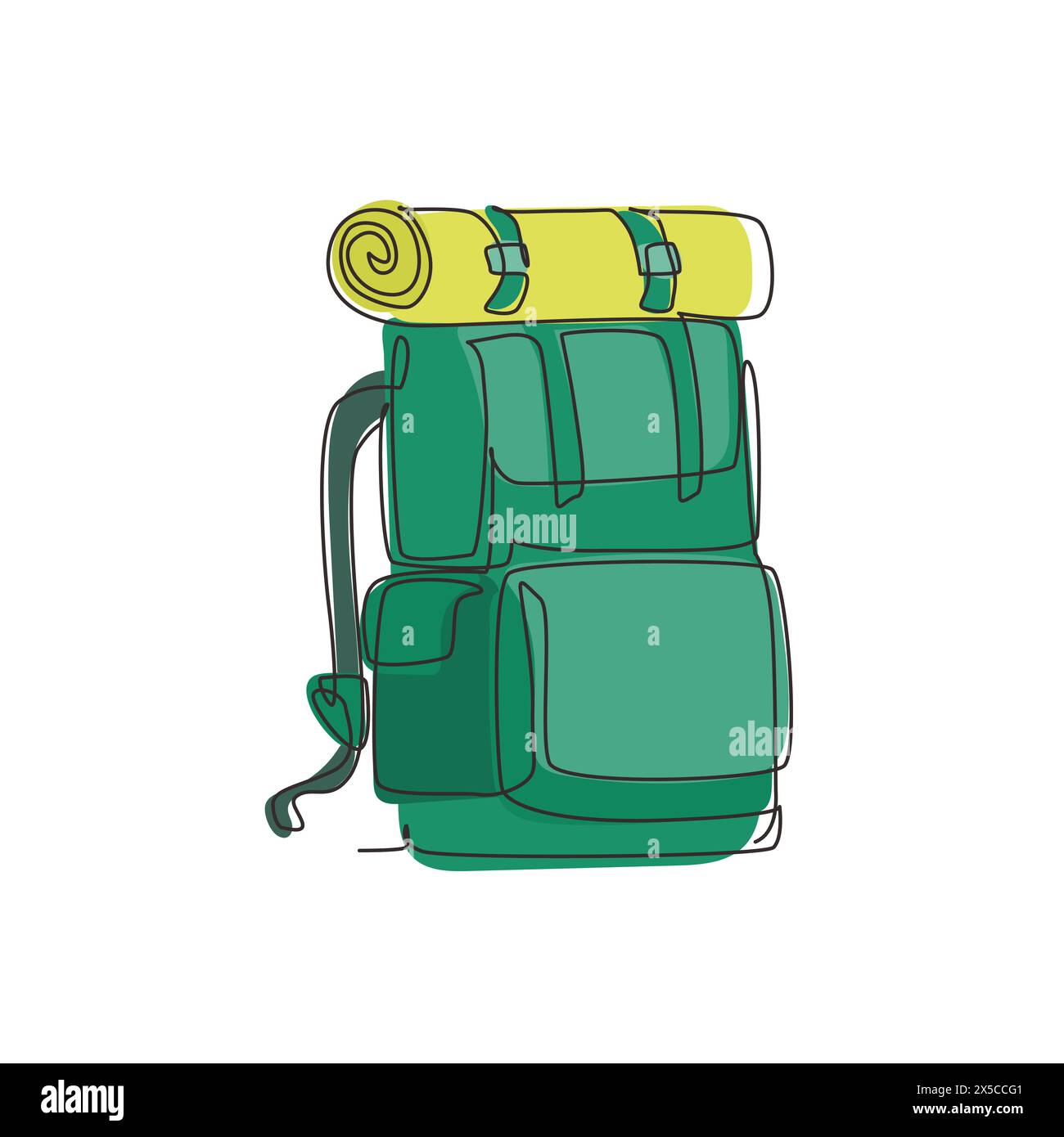 Continuous one line drawing camping backpack. Tourist retro back packs. Classic style hiking backpacks with sleeping bags. Camp and hike bags and knap Stock Vector