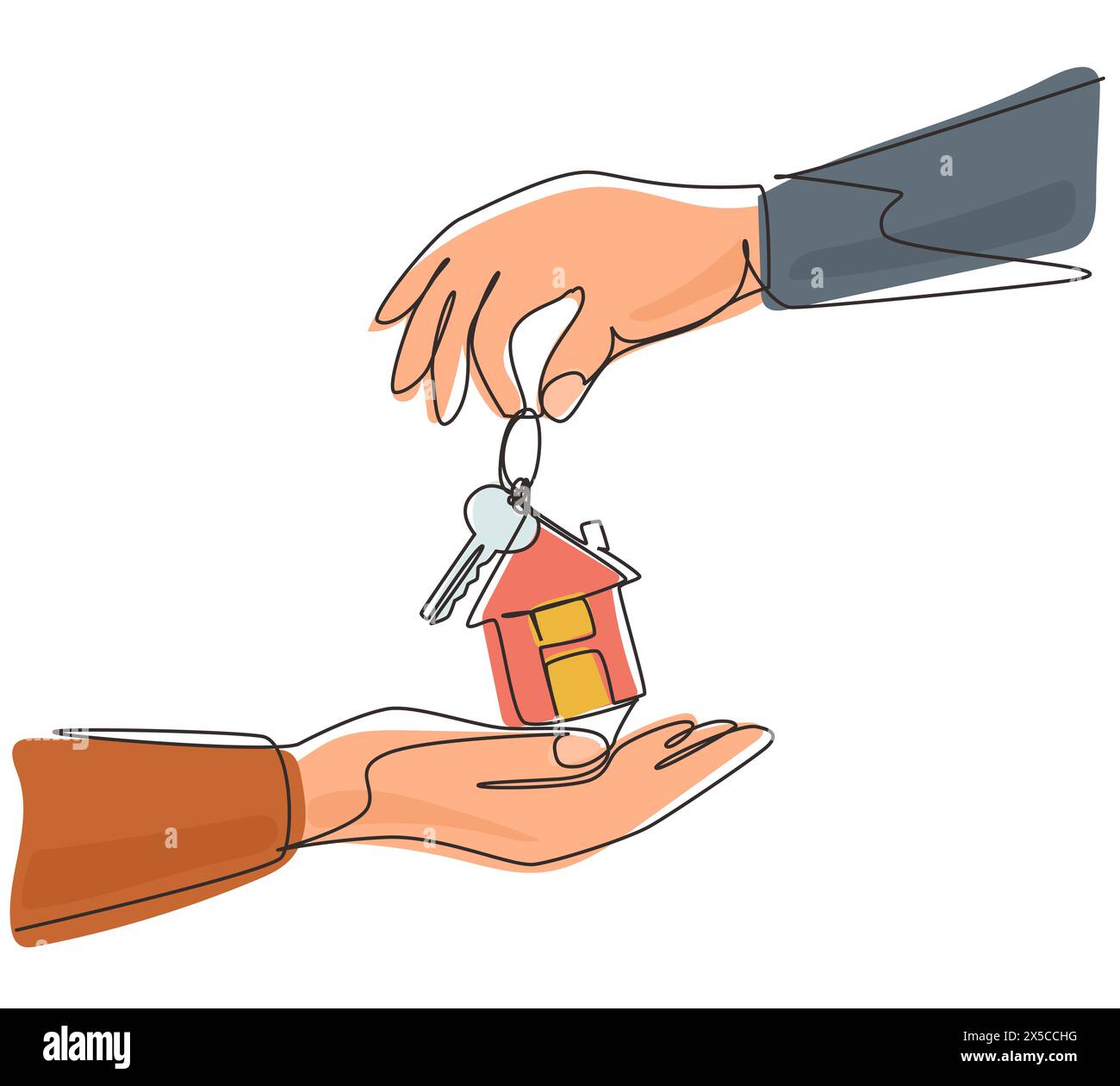 Continuous one line drawing hand giving house keys to customer. Businessman in suit giving house key. Mortgage, credit or buying property concept. Sin Stock Vector
