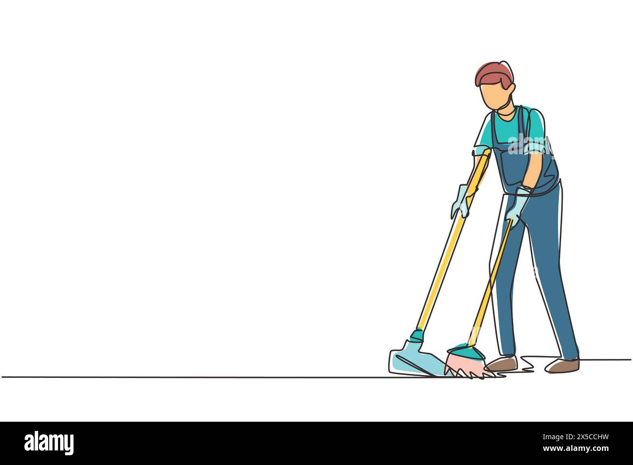 Single continuous line drawing housekeeping male worker with broom and dustpan. Young man janitor, sweeping the floor with broom, holding dustpan, pro Stock Vector