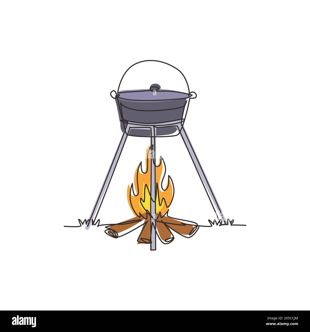 Single one line drawing cooking dinner in camping pot over bonfire. Cauldron and campfire. Outdoor grass, branch, stones. outdoor nature picnic. Conti Stock Vector