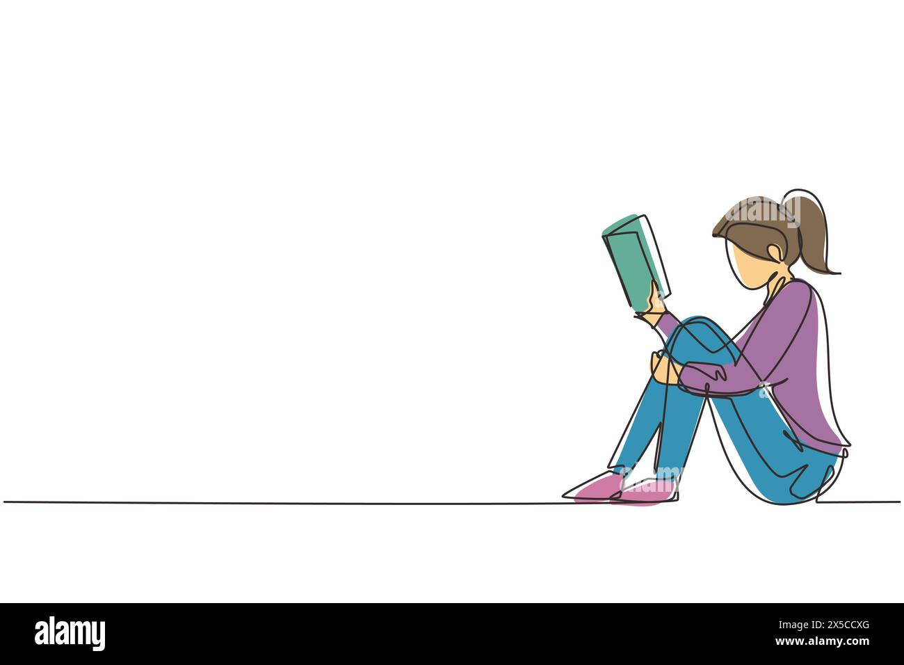 Single continuous line drawing young woman sitting on floor, reading ...