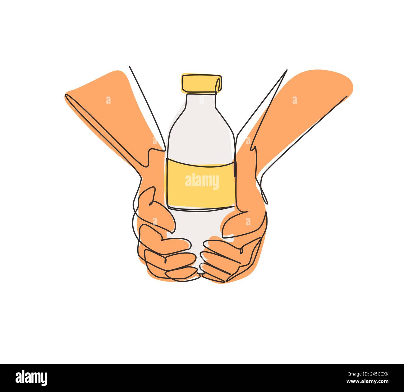 Single one line drawing hands hold glass bottles of plant based lactose free milk, has healthy nutrition. Non dairy alternative beverage. Modern conti Stock Vector