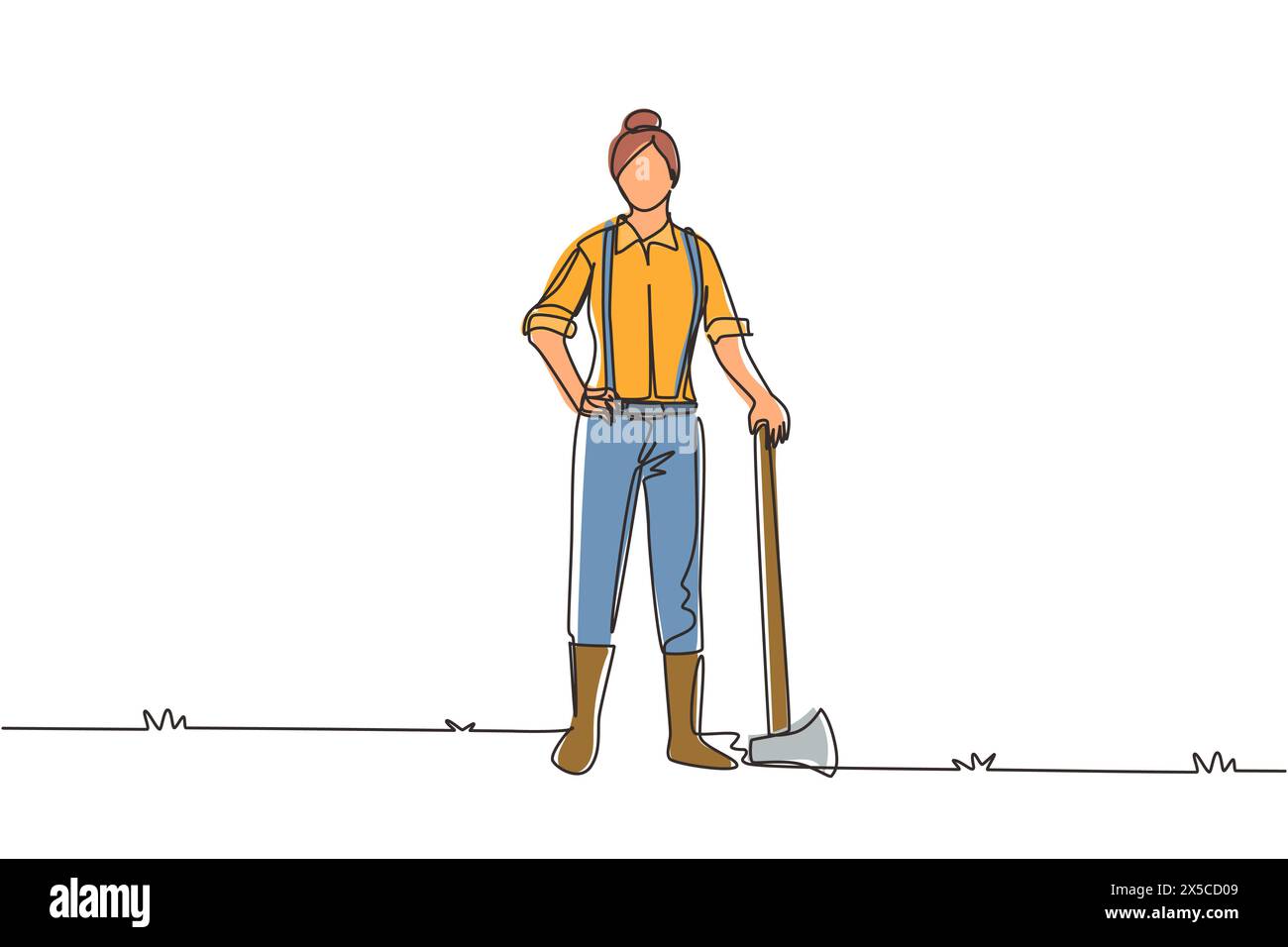 Single one line drawing woman lumberjack with axe standing wearing ...